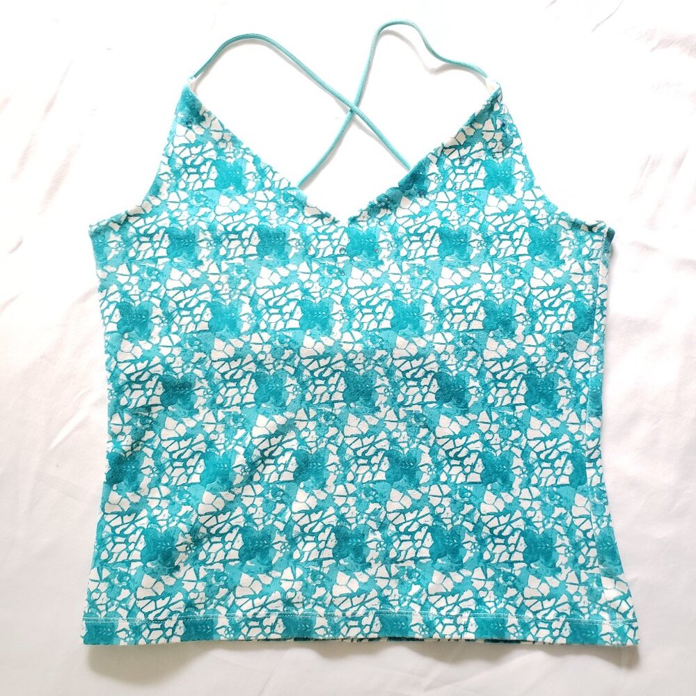 Y2K Vtg. Unique Abstract Turquoise White Pattern Cami B Moss Embellished Top SM.